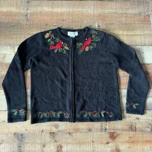Tiara International Christmas Cardigan Sweater Womens Embroidered Birds Berries